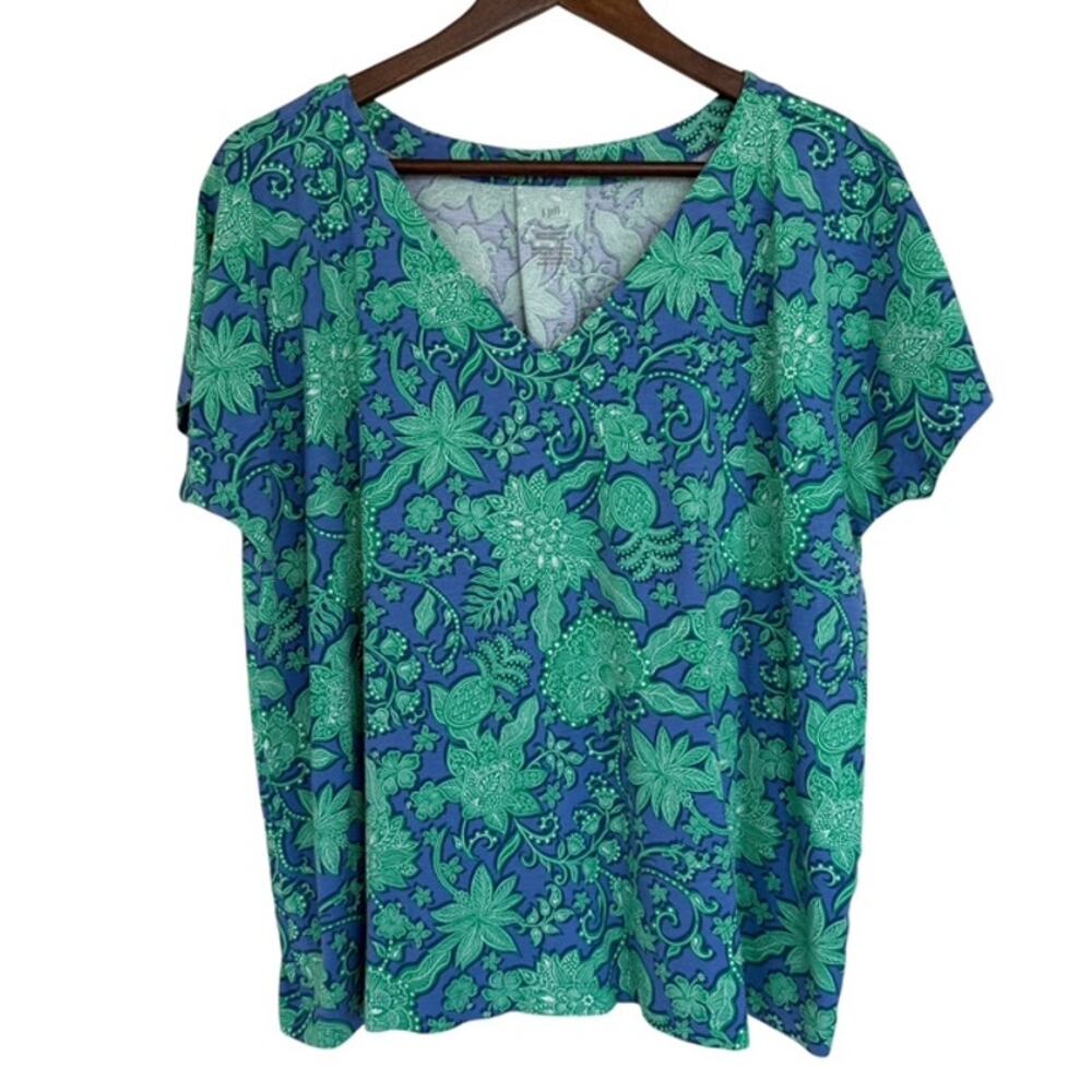 J. Jill Blue and Green Supima Pleat Back Tee Women's size Large